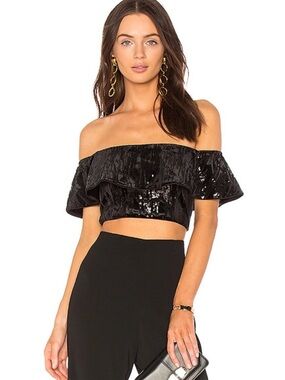 JAYGODFREY Black Sequin Off-Shoulder Crop Top Sz 0